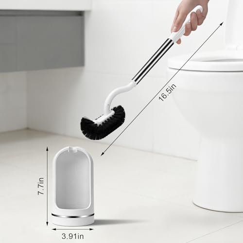 Toilet Brush and Holder Set, Curved Toilet Brush with Stainless Steel Handle, Under Rim Toilet Bowl Brush for Deep Cleaning, Drip-Proof, White