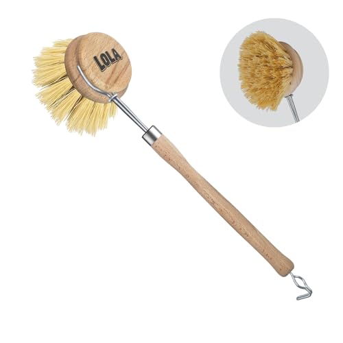 LOLA Dishwashing & Vegetable Brush The Original, 3" Head, Sustainable Wood Handle w/Tampico Fiber Bristles, Safe for Non-Stick Pans, Dishes, Cast Iron Skillet - Easy Head Only Replacement, 1 Pk - color: Large Vegetable & Dish Cleaning Brush, size: 1 Count