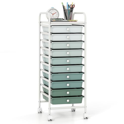 Giantex 10-Drawer Rolling Storage Cart w/Wheels, Handle, Removable Drawers, Mobile Organizer Storage Unit, Trolley Utility Cart for Home Kitchen Living Room Office Play Room, Green Gradient - color: Green Gradient, size: 10 Drawer-13"x15"x34"
