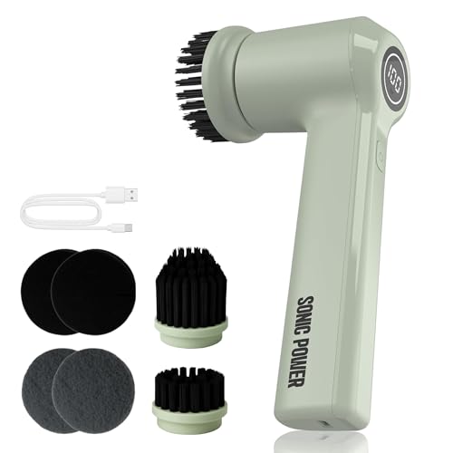 SonicPower Electric Spin Scrubber – Handheld & Ergonomic, IPX7 Waterproof, 4 Multi-Purpose Brush Heads, Long-Lasting Rechargeable Battery – Cleans Dishes, Bathroom, Tile, Grout & Kitchen (Sage) - color: Sage