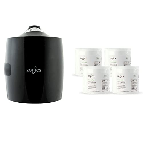 Zogics Sanitizing Wipes and Wall Mounted Dispenser – No-Touch Wipes Dispenser, Mounts Easily to Wall for Quick Access to Sanitizing Wet Wipes (4 Pack Sanitizing Wipes included) - style: Black + Sanitizing Wipes