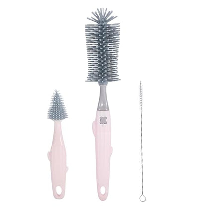 Baby Bottle Brush Set 3-in-1, Silicone Brush with Wall Mount Holder, 11" Long Handle + Nipple Brush + Straw Cleaner for Cups & Straws – BPA Free (Pink) - color: Pink