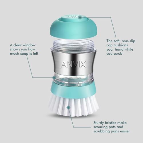 Soap Dispensing Palm Brush – Ergonomic Scrub Brush with Handle – Heavy-Duty Dish Scrubber with Soap Dispenser - Scrub Brushes for Cleaning with Push Button Soap Dispensing-Tiffany Blue
