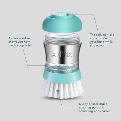 Soap Dispensing Palm Brush – Ergonomic Scrub Brush with Handle – Heavy-Duty Dish Scrubber with Soap Dispenser - Scrub Brushes for Cleaning with Push Button Soap Dispensing-Tiffany Blue