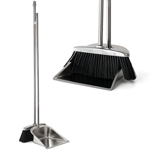 VOOWO Heavy Duty Broom and Dust pan Set, Stainless Steel Broom and Dustpan Set with Long Handle, Broom with Dustpan Set for Home Standing Dust Pan Indoor Outdoor Brooms Dustpan - color: Black Broom and Dustpan Set