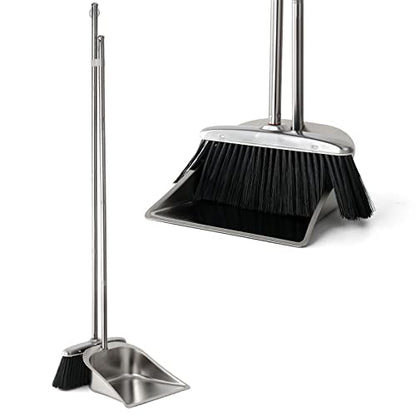 VOOWO Heavy Duty Broom and Dust pan Set, Stainless Steel Broom and Dustpan Set with Long Handle, Broom with Dustpan Set for Home Standing Dust Pan Indoor Outdoor Brooms Dustpan - color: Black Broom and Dustpan Set