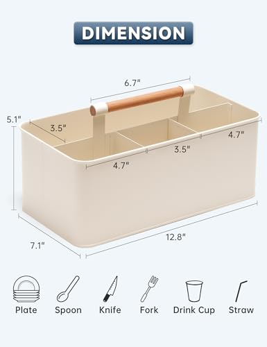Caddy Organizer with Wooden Handle, Metal Utensil Caddy with 4 Compartments, Picnic Caddy Paper Plate Organizer Utensil Holder for Party - color: Cream