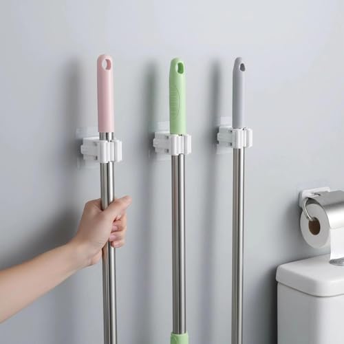 4 Pcs Mop and Broom Holder Wall Mount, Peel and Stick Mop Hanger Hooks, No-Drill Hanging Broom Organizer Storage for Bathroom Kitchen Laundry Room Garage Garden