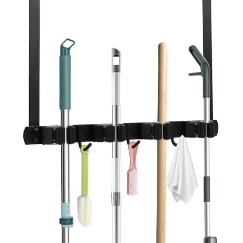 Broom Holder Over the Door with Hooks, Wall Mount Mop and Broom Holder, Stainless Steel Hanging Over the Door, Easy to Install Broom Storage Tool Organizer for Garage Closet Laundry