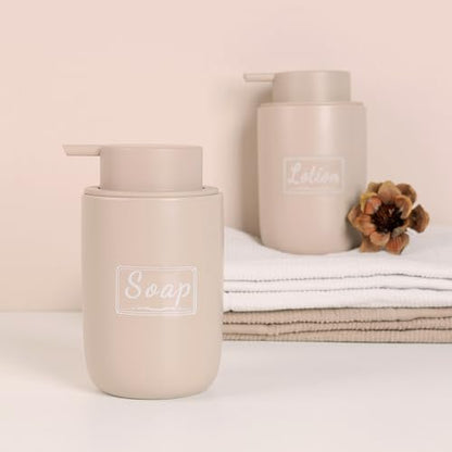 BosilunLife Foaming Soap Dispenser Set - Khaki Ceramic Foam Hand Dispenser 12oz Soap Dispenser Set with Rust Proof Pump, 4Pcs Clear Stickers for Kitchen, Bathroom - 2 Pack - color: Khaki-foam Pump