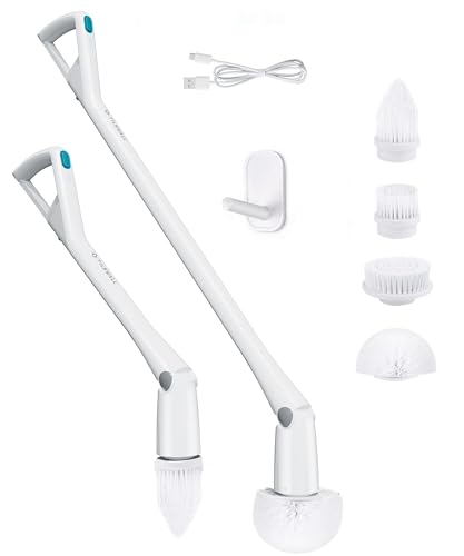 Tilswall Cordless Electric Spin Scrubber - Powered Shower & Tile Cleaning Brush with Detachable Handle, 2-Speed Modes & Extra Battery, for Bathroom Tub/Glass/Car Windows - color: White&grey