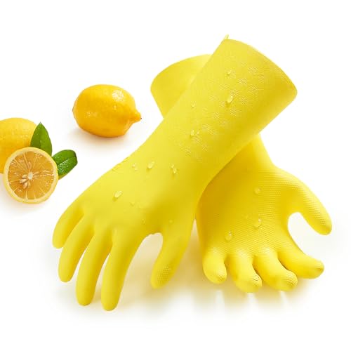 Vgo... Household Cleaning Gloves,Double-layer,Lined Dishwashing Gloves,Long Sleeves for Kitchen,Bathroom Cleaning(TP1117) - color: Yellow, size: X-Small(Pack of 1)