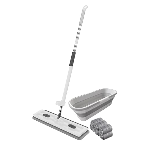 /Streamline Mop, 2024 Large Flat Floor Mop and Bucket, Strealinem Mop with 6 Washable Microfiber Pads, Independent Drainage Scraper, 360 Rotating, Wet and Dry Use, Floor Cleaning System WHI - color: White B