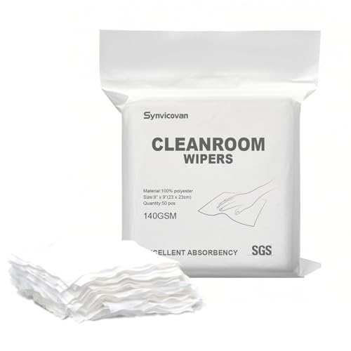 Cleanroom Wipers 9"x9"(50 Pcs, 100% Polyester, Class 100, 140GSM) Double Knit 100% Lint Free Cloths with Ultra-fine Filaments, Laser Sealed Edge Ultra-Soft Wipers - size: 9" x 9" (Pack of 50)