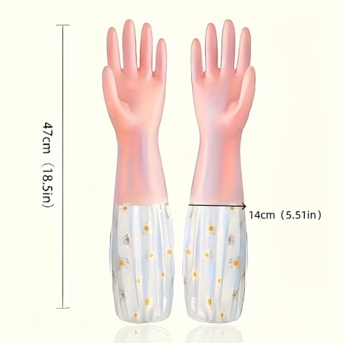 1 Pair Waterproof Kitchen Gloves, Reusable Dishwashing Gloves, Extended Daisy‑Print Long Sleeve Household Glove - size: Large