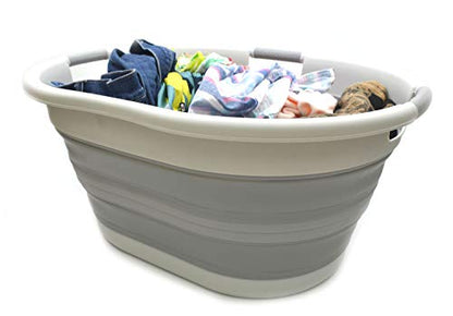 SAMMART 57L (15 Gallons) Collapsible 3-Handled Plastic Laundry Basket - Oval Tub - Portable Washing Tub-Space Saving Laundry Hamper, Water Capacity 44L / 11.6 Gallon (1, Grey) - color: Grey