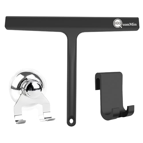 9 Inch Shower Squeegee with Hook - Heavy Duty Glass Door Scraper for Streak-Free Cleaning, Tile Walls, Shower Glass & Car Windows - Rustproof Rubber Blade & Secure Storage (Black) - size: Square Headed-9 inch