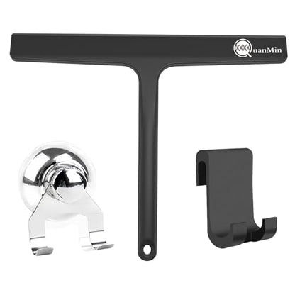 9 Inch Shower Squeegee with Hook - Heavy Duty Glass Door Scraper for Streak-Free Cleaning, Tile Walls, Shower Glass & Car Windows - Rustproof Rubber Blade & Secure Storage (Black) - size: Square Headed-9 inch