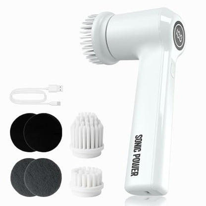 SonicPower Electric Spin Scrubber – Handheld & Ergonomic, IPX7 Waterproof, 4 Multi-Purpose Brush Heads, Long-Lasting Rechargeable Battery – Cleans Dishes, Bathroom, Tile, Grout & Kitchen (White) - color: White