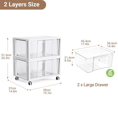Extra Large Storage Drawer Cart with Wheels, Stackable Storage Boxes 2 Tier-2 Drawer Clear Plastic Organizer Container Rolling Cabinet for Art Crafts Supplies Under Desk Home Office Bedroom Bathroom