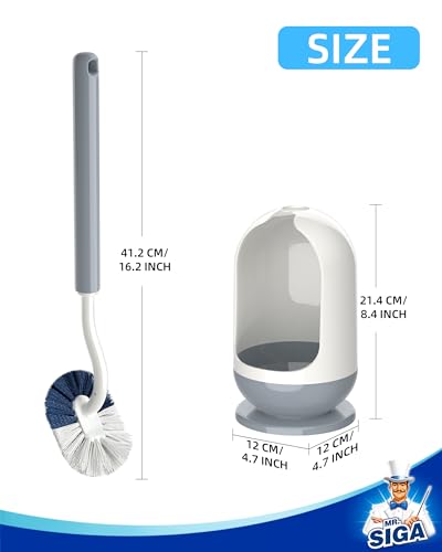 MR.SIGA Toilet Brush with Holder, Under Rim Toilet Bowl Brush with Curved Design for Hard to Reach Corners, 16.2 inch(41.1cm) Long Handle, White & Gray, 1 Pack