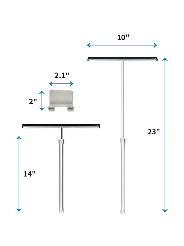 Shower Squeegee with Long Handle and Adhesive Hook. for Glass Doors, Tile Walls, Mirrors and Windows. Telescoping Squeegee for Cleaning. Bathroom Stainless Steel Squeegee, 10inch Wide, Chrome – 1pk