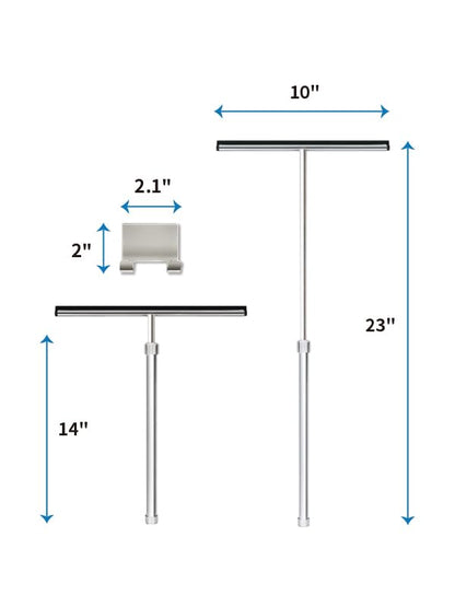Shower Squeegee with Long Handle and Adhesive Hook. for Glass Doors, Tile Walls, Mirrors and Windows. Telescoping Squeegee for Cleaning. Bathroom Stainless Steel Squeegee, 10inch Wide, Chrome – 1pk