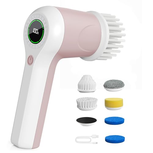 PUFTEM Electric Spin Scrubber, Cordless Shower Scrubber with Battery Level Display, 2 Speeds Electric Scrubber for Cleaning with 6 Replaceable Heads, Cleaning Brush for Bathroom/Sink/Window (Pink) - color: Pink