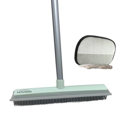 Rubber Broom with Hair Removal Gloves for Carpet Pet Hair Remover,50 inch Long Handled Fur Remover Rake,Portable Detailing Lint Brush,Pet Removal Fluff Carpet,Hardwood Floor,Tile,Green