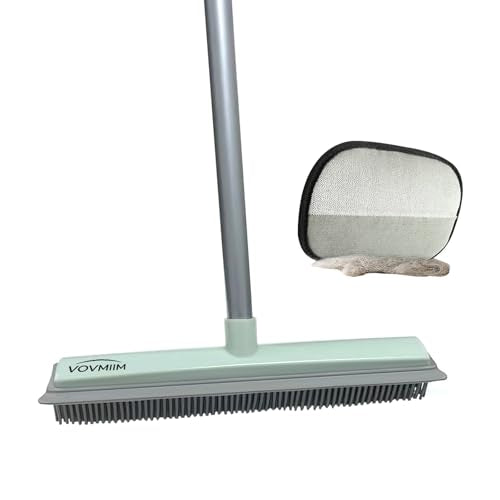 Rubber Broom with Hair Removal Gloves for Carpet Pet Hair Remover,50 inch Long Handled Fur Remover Rake,Portable Detailing Lint Brush,Pet Removal Fluff Carpet,Hardwood Floor,Tile,Green