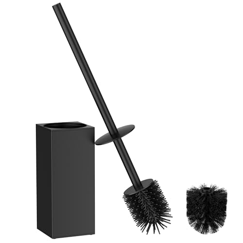 FORIOUS Toilet Brush and Holder Set, Heavy Duty 304 Stainless Steel Base Square and Long Handle for Bathroom Deep Cleaning, Drip-Proof, Space Saving for Storage, 2 Toilet Bowl Brush Head, Black - color: Matte Black