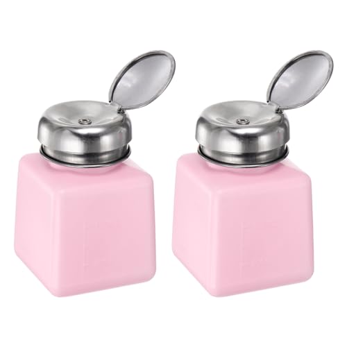 2pcs Solvent Alcohol Dispensers 100ml(3.4oz) Push Down Liquid Dispenser Pump Bottle with Sealing Stainless Steel Lid for Acetone Cleanser Polish Remover, Pink