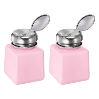 2pcs Solvent Alcohol Dispensers 100ml(3.4oz) Push Down Liquid Dispenser Pump Bottle with Sealing Stainless Steel Lid for Acetone Cleanser Polish Remover, Pink