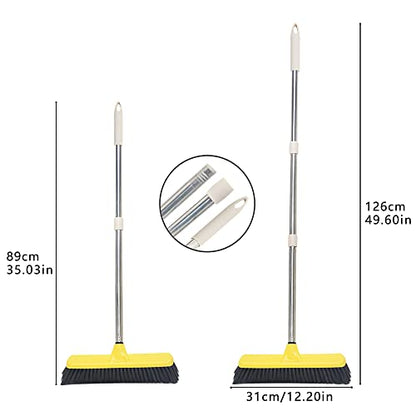 Push Broom with Long Handle, Floor Brush 49.6 inch Soft Bristle Broom 12.2" Wide for Cleaning Bathroom Kitchen Patio Garage Deck Tile Floor - color: Yellow
