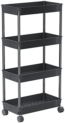 Sooyee 4 Tier Wide Storage Cart Mobile Shelving Unit Organizer Slide Out Storage Rolling Utility Cart Tower Rack for Kitchen Bathroom Laundry, Plastic & Stainless Steel, Black - color: Black, size: Wide 4 Tier
