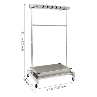 Broom and Mop Holder on Wheels, Load 440 LBS Movable Cleaning Cart Broom Storage Rack with Stainless Steel Basin,5 Mop Hanger Grippers, 12 Hooks, Garden Tool Stand for Garden,Hotels,Home