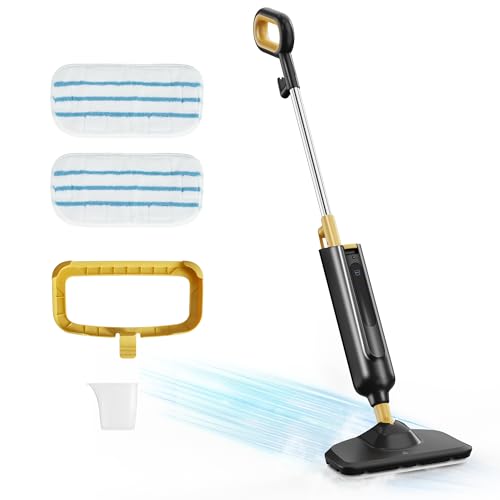 NEWBULIG Steam Mop for Hardwood/Tile/Carpet, Lightweight Steamer Cleaner for Floor Cleaning with 330ML Water Tank, Heats Up in 30 Seconds，16.4 FT Cord and 2 Washable Pads - color: Black and Yellow