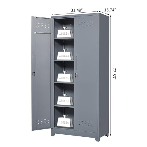 Metal Tool Storage Cabinet, Broom Closet with Hooks, 72.8" Tall Garage Cabinet with Shelves, Heavy-Duty Cleaning Storage for Utility Room, Gym, Office, Garage - color: 73"h-broom Cabinet / Grey