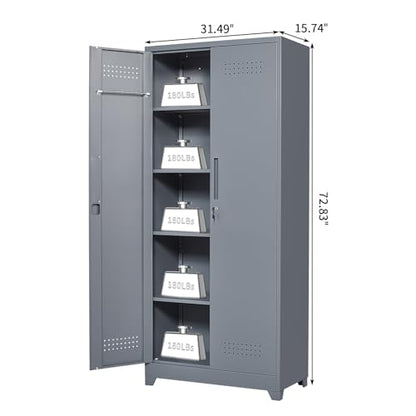 Metal Tool Storage Cabinet, Broom Closet with Hooks, 72.8" Tall Garage Cabinet with Shelves, Heavy-Duty Cleaning Storage for Utility Room, Gym, Office, Garage - color: 73"h-broom Cabinet / Grey