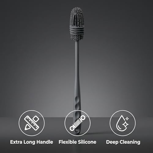 Baby Bottle Brush, Silicone Water Bottle Cleaner Flexible Extra Long Handle Grey Cup Cleaner Brush for Washing Hydro Flasks Sports Tumblers and Deep Narrow Neck Glassware