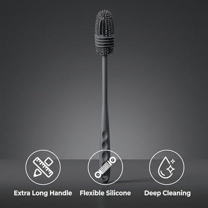 Baby Bottle Brush, Silicone Water Bottle Cleaner Flexible Extra Long Handle Grey Cup Cleaner Brush for Washing Hydro Flasks Sports Tumblers and Deep Narrow Neck Glassware
