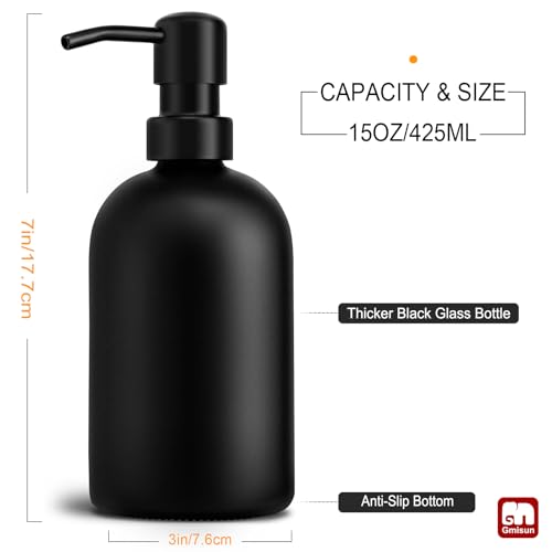 GMISUN Black Soap Dispenser, Dish/Hand Soap Dispenser with Matte Black Stainless Steel Pump, 15 fl oz/450ml Glass Soap Dispensers Set for Kitchen/Bathroom, Modern Refillable Liquid Lotion Dispenser - color: Black Bottle + Black Pump, size: 1 Pack - 15oz