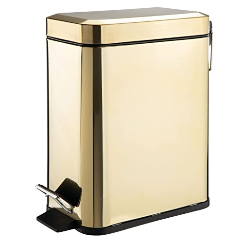 mDesign Small Modern 1.3 Gallon Rectangle Metal Lidded Step Trash Can, Compact Garbage Bin with Removable Liner Bucket and Handle for Bathroom, Kitchen, Craft Room, Office, Garage - Soft Brass - color: Soft Brass, size: 1.3 Gallon