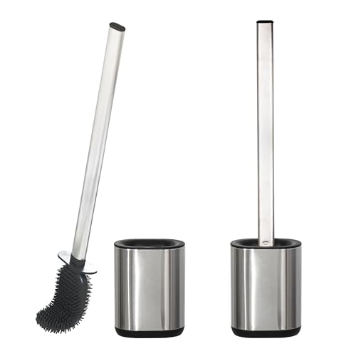 Sineng Silicone Toilet Brush and Holder Set, 2Pack Stainless Steel Toilet Cleaning Brush, One-Piece Long Handle, Flexible Compact Modern RV Toilet Bowl Brush for Bathroom - color: Stainless Steel