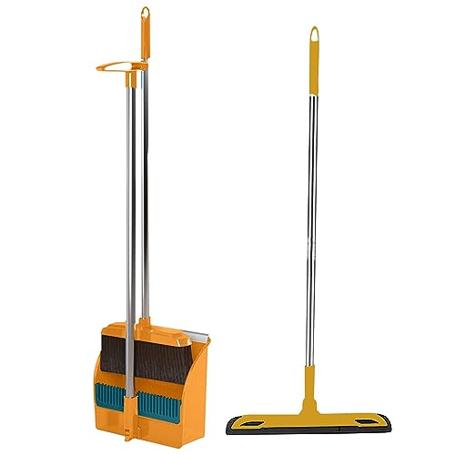 Broom and Dustpan Set with 34.5" Long Handle Squeegee Broom, Upright Standing Lobby Broom and Dust Pan, Orange, Polypropylene, Stainless Steel, Modern, Floor Cleaning
