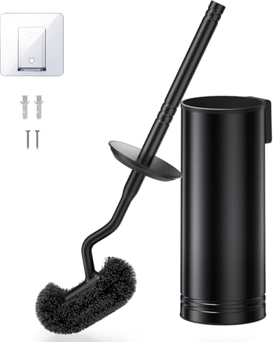 HAMITOR Toilet Brush and Holder Set: Stainless Steel Heavy Duty Bowl Cleaner Brush - Deep Cleaning Under Rim Curved Bristle - Space Saving Wall-Mounted for Home RV Bathroom Accessories Black 1 Pack - color: Black