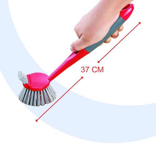 Cello Kleeno Dual Action Sink & Dish Brush, Red & Grey | Flexible Bristles, Hanging Provision | Rubberised Handle & Tough Bristles for Stubborn Stains |Plastic Kitchen Sink Basin Wash Cleaning Brush