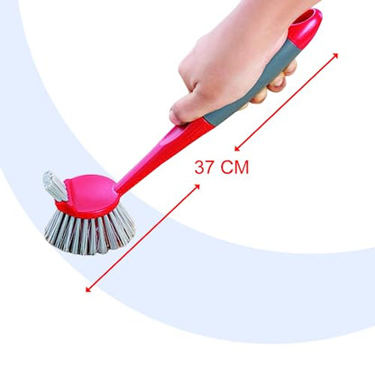 Cello Kleeno Dual Action Sink & Dish Brush, Red & Grey | Flexible Bristles, Hanging Provision | Rubberised Handle & Tough Bristles for Stubborn Stains |Plastic Kitchen Sink Basin Wash Cleaning Brush