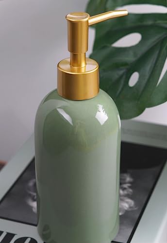 2Pack Ceramic Soap Dispenser Green with Gold Pump,Modern Design Cylindrical Lotion Dispenser Bottle,Refillable Liquid Hand Soap Dispenser for Kitchen,Bathroom,Washroom - color: 2pcs Green
