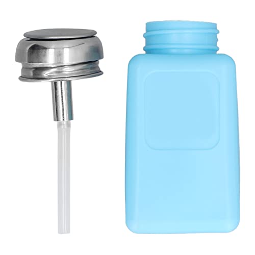 Solvent Dispenser, 200ml Push Down Alcohol Dispenser Pump Bottle ESD Anti Static Square Bottle with Stainless Steel Lid Liquid Pumping Empty Cap for Alcohol Makeup Remover (Blue)